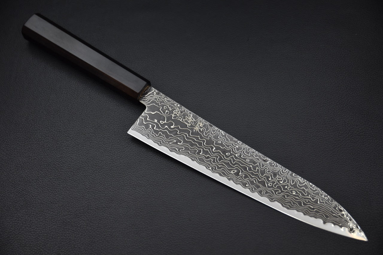 Hatsukokoro gyuto 210 mm SG2 — vue complète, couteau japonais sur fond neutre