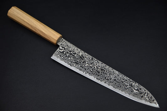 Hatsukokoro gyuto 210 mm en SG2, couteau japonais, vue complète sur fond neutre