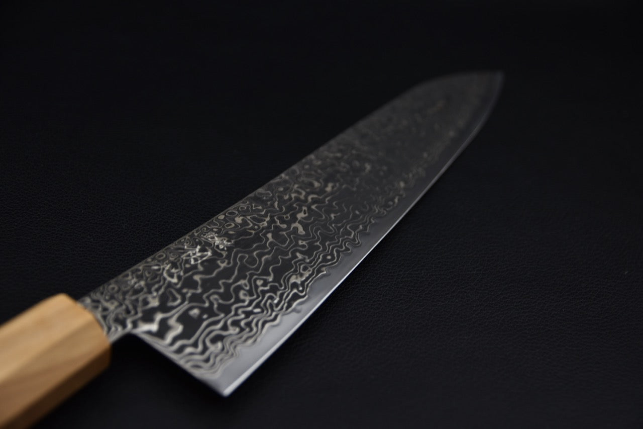 Hatsukokoro gyuto 210 mm, profil de lame, construction sanmai visible