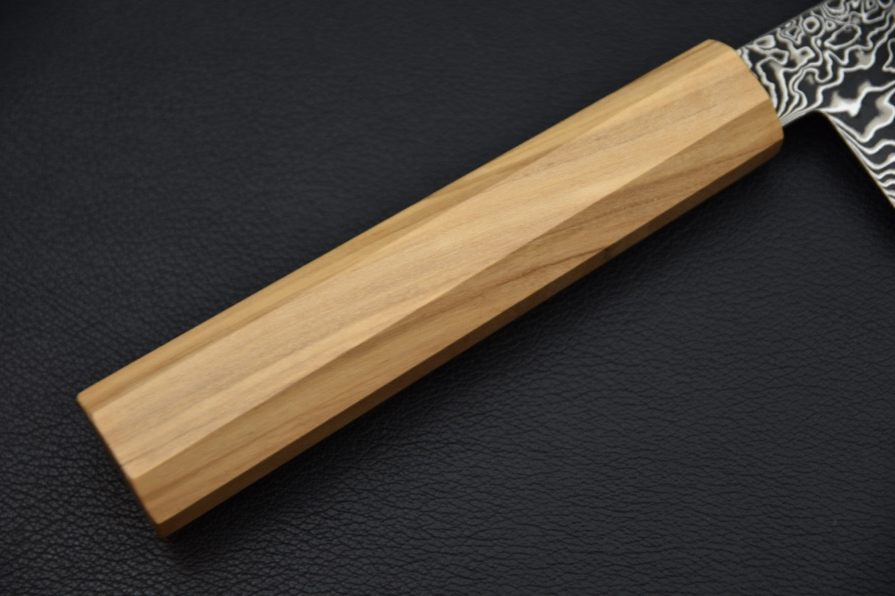 Détail du manche en olivier, couteau japonais gyuto Hatsukokoro