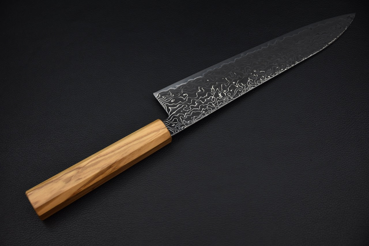 Couteau japonais Hatsukokoro gyuto — vue du talon et de la jonction lame-manche