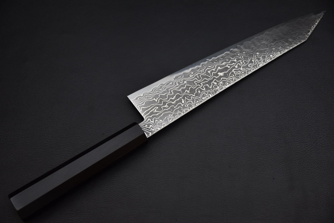 Couteau japonais kiritsuke, détail du tranchant et du biseau