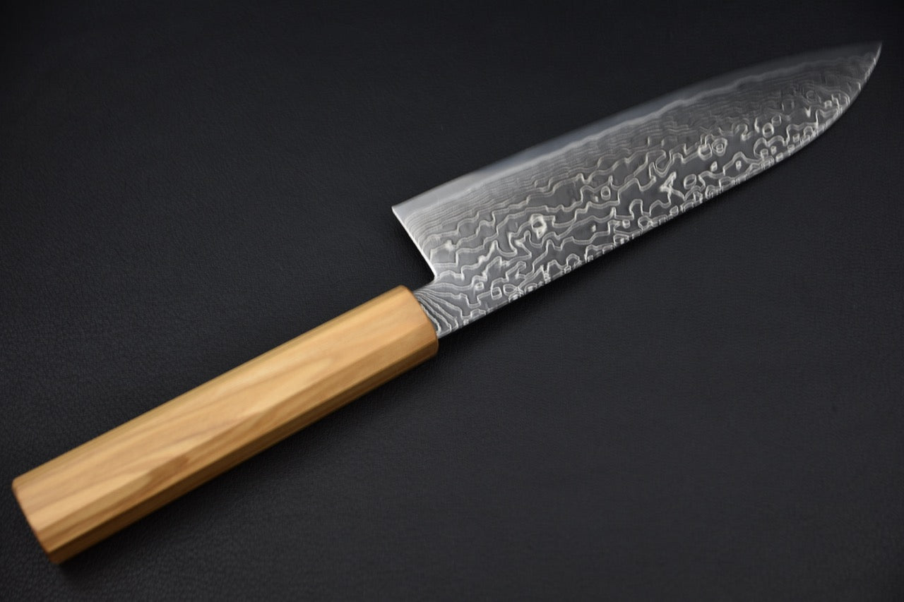 Hatsukokoro santoku SG2 — construction sanmai, ligne hagane visible, couteau japonais