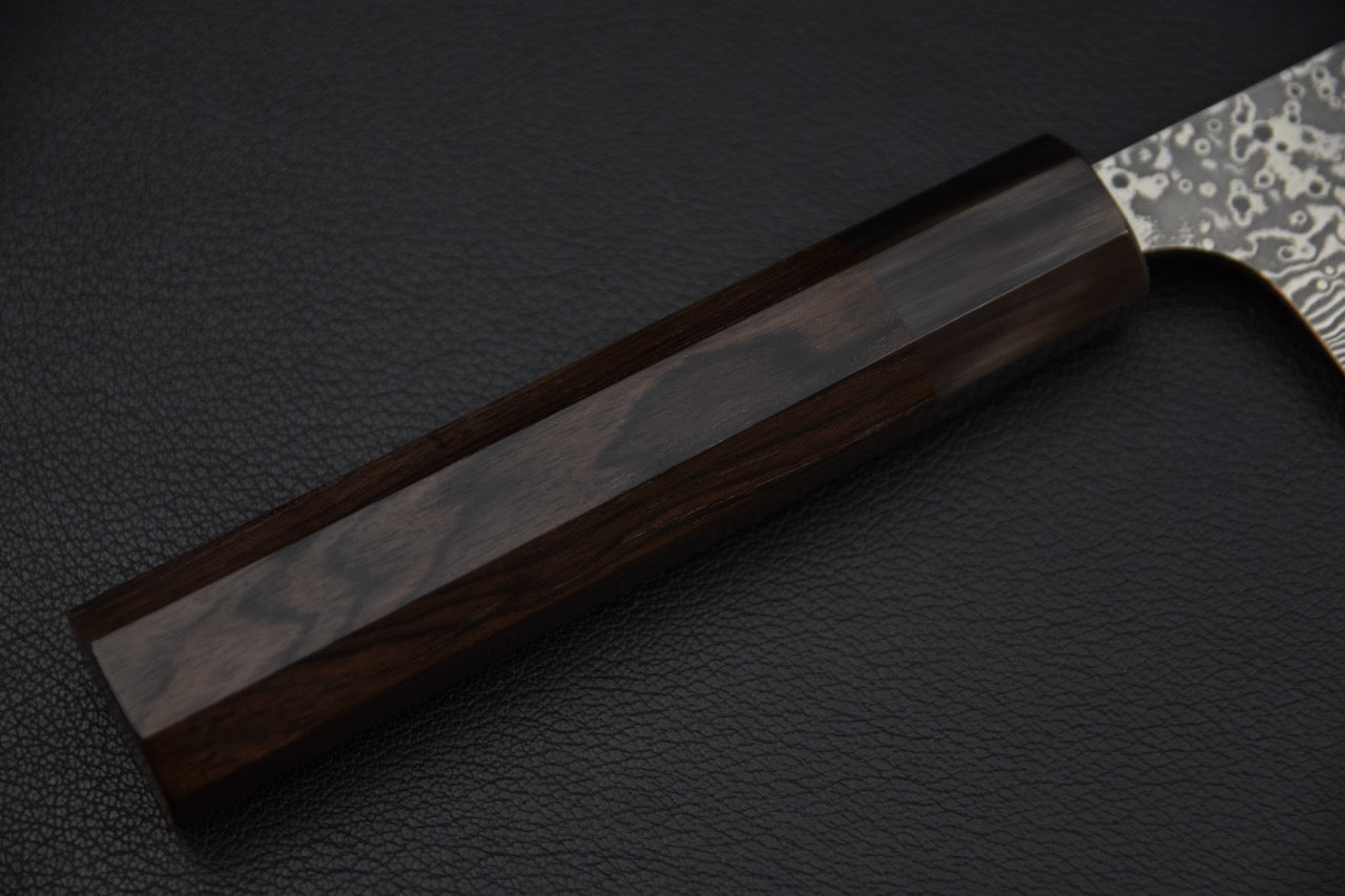 Couteau japonais bunka — détail de la jonction lame et manche en ébène