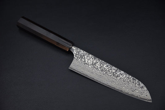 Hitohira santoku 170 mm SPG Strix ébène — vue complète, couteau japonais sur fond neutre