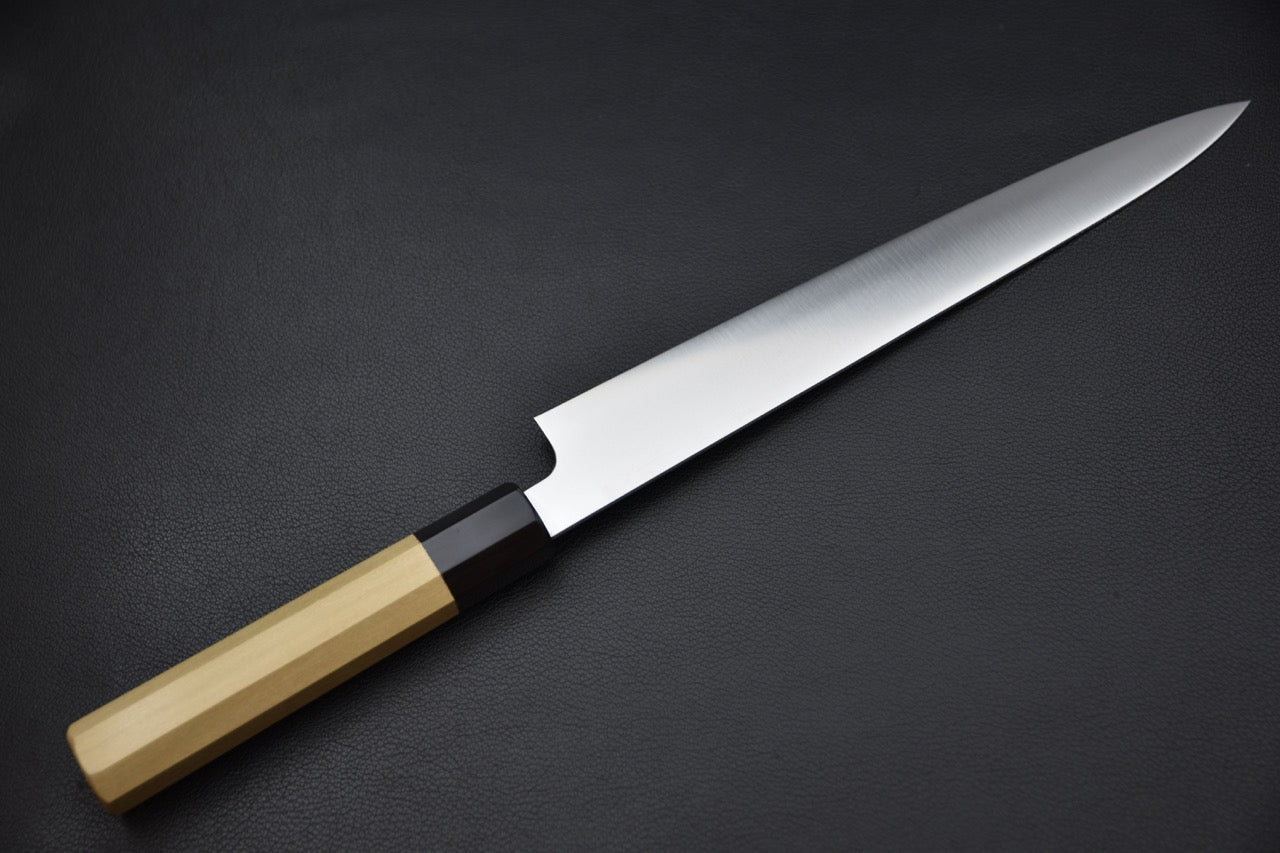 Hitohira sujihiki 240 mm — vue du talon et de la jonction lame-manche