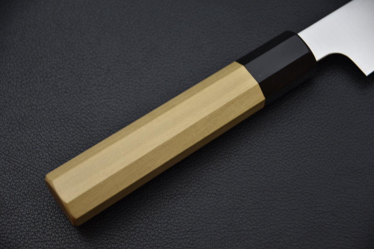 Hitohira sujihiki T10 — détail du manche wa, extrémité et grain du bois