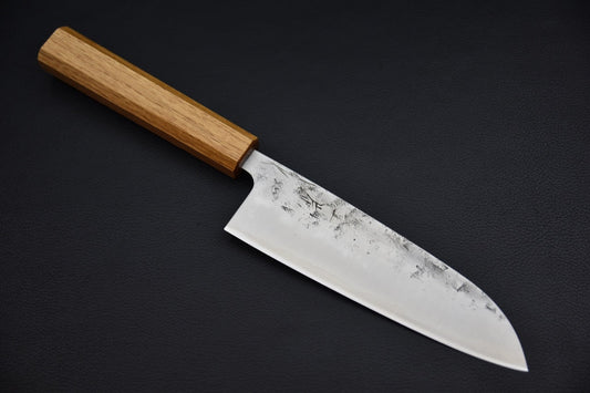 Santoku 170 mm SKD sanmai — vue d'ensemble, manche wa en chêne octogonal