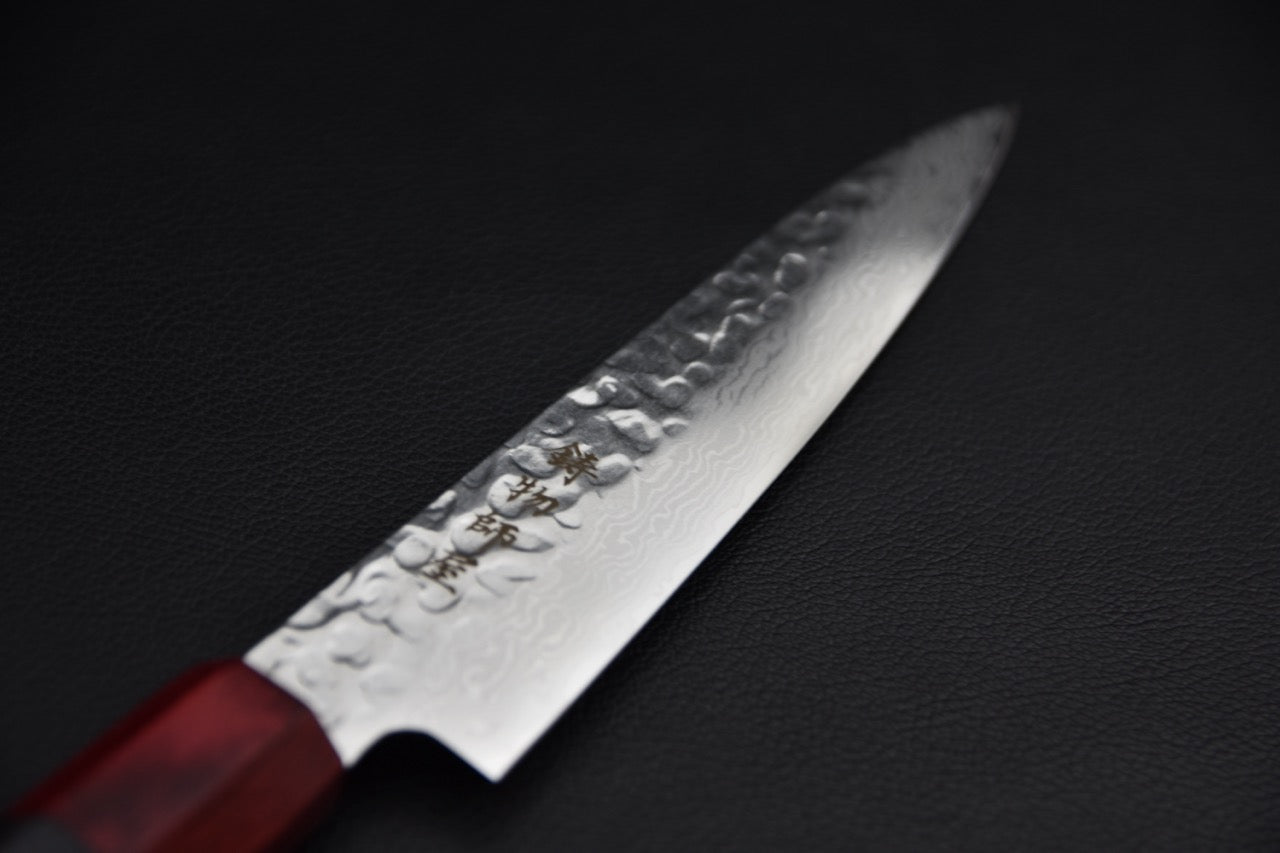 Hitohira T10 petty couteau japonais — profil lame et manche wa rouge et bois foncé