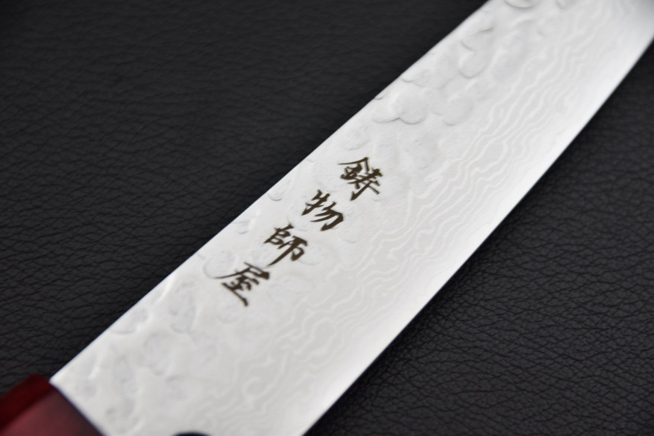 Hitohira T10 petty couteau japonais — kanji gravés sur la lame, finition tsuchime visible