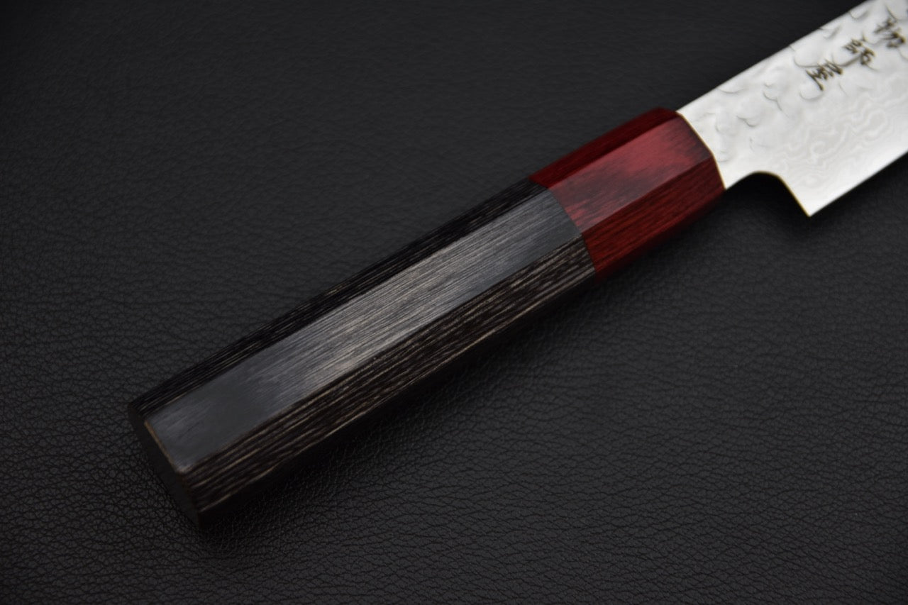 Hitohira T10 petty couteau japonais — manche wa octogonal bois foncé et bague rouge