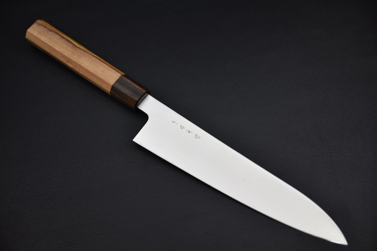Hitohira gyuto 210 mm — vue d'ensemble, manche wa octogonal bicolore et lame migaki satinée