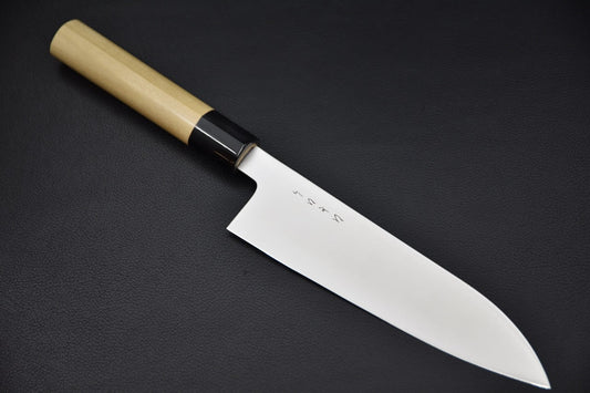 Hitohira santoku 180 mm — vue complète du couteau japonais sur fond neutre