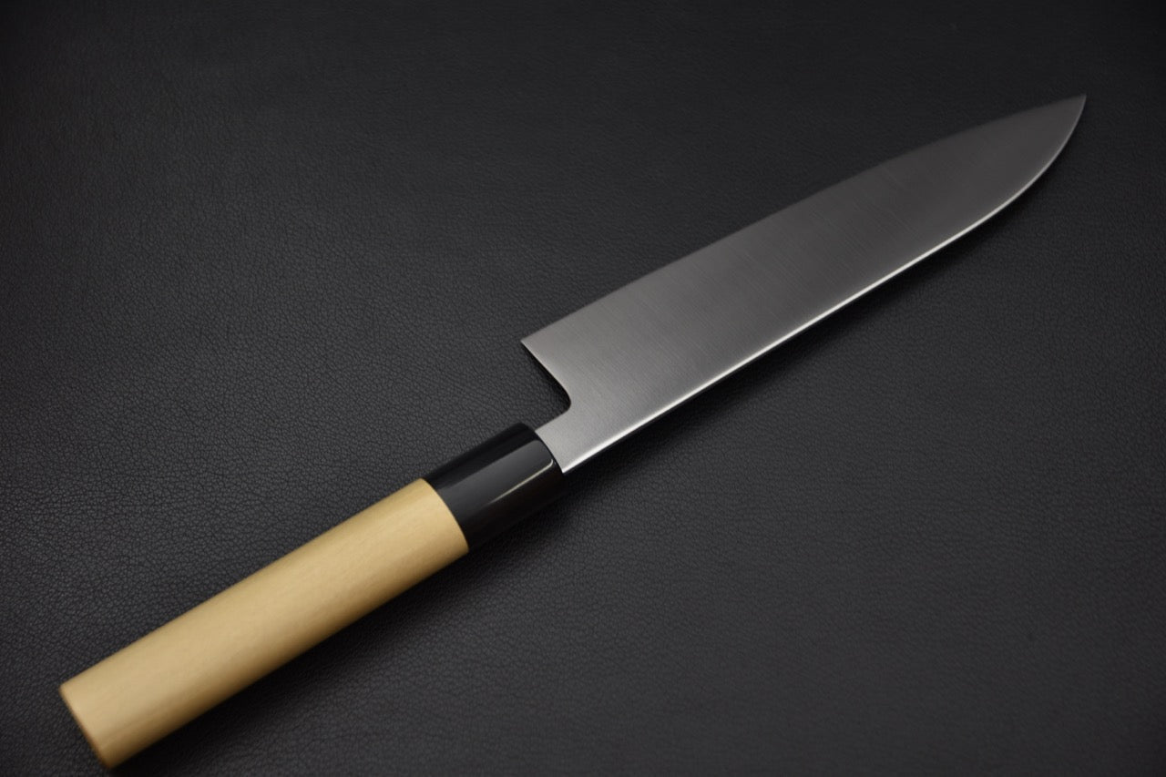 Hitohira santoku 180 mm — vue du talon et de la jonction lame-manche
