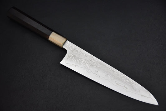 Couteau japonais gyuto 210 mm : vue complète, lame en Ginsan et manche en ébène