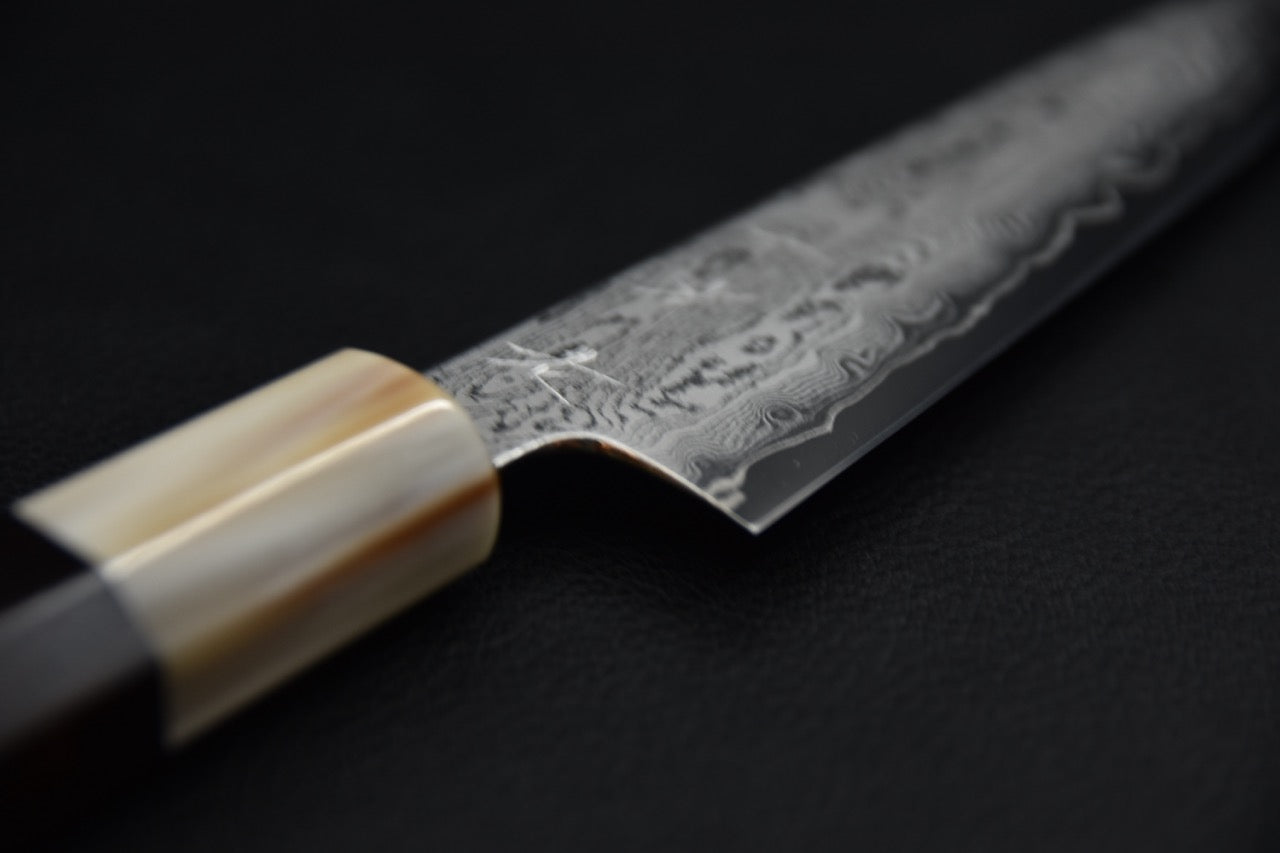 Couteau japonais petty en acier Ginsan, détail de la finition de la lame