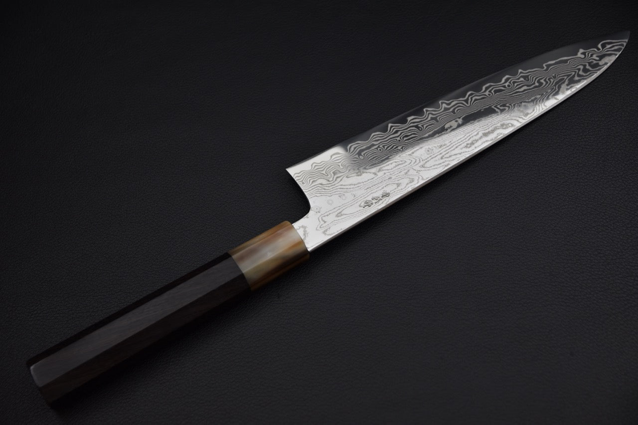 Hitohira gyuto 210 mm SPG Strix — vue de la lame depuis le talon