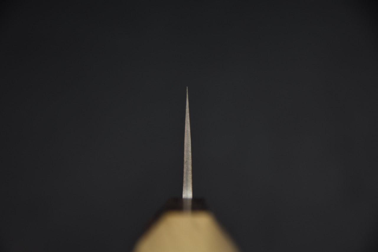 Gyuto japonais 210 mm — vue du tranchant, double biseau migaki