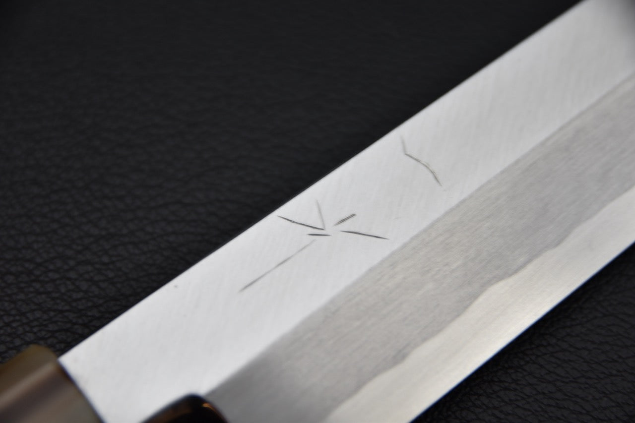 Lame de yanagiba 270 mm en Shirogami #2 — face de coupe, couteau japonais