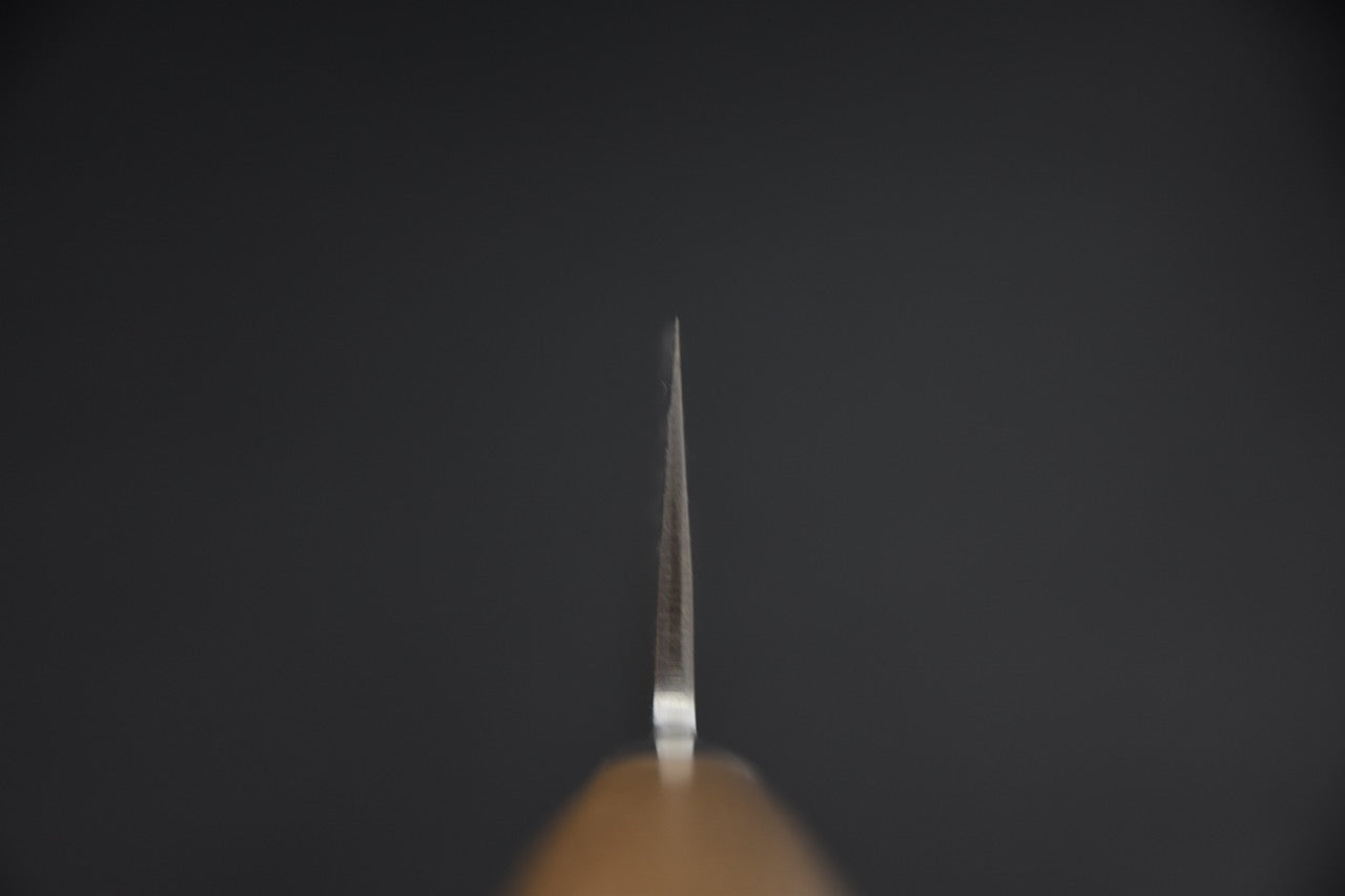 Couteau japonais gyuto 240 mm Aogami #2 — vue d'ensemble, manche noyer et lame nashiji