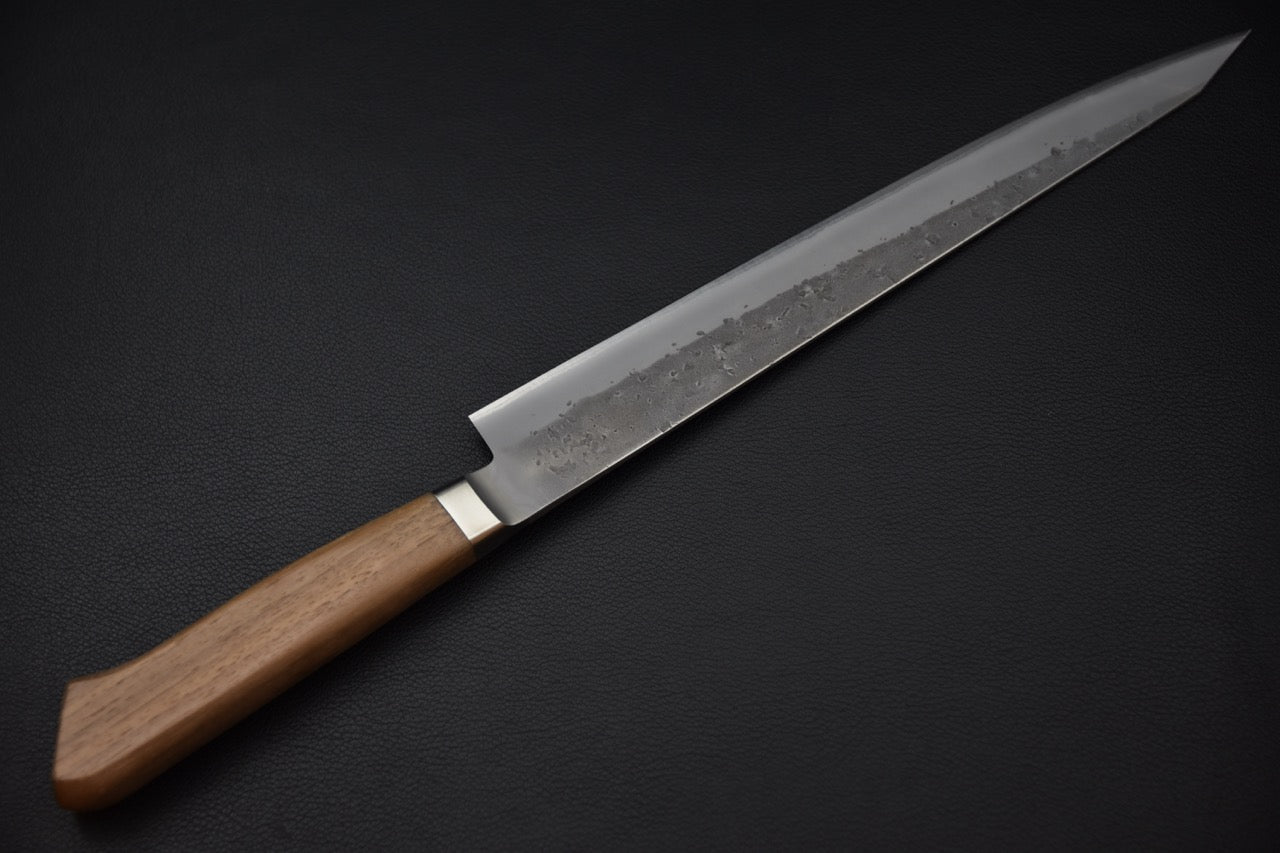 Couteau japonais sujihiki 270 mm — vue du talon et de la jonction lame-manche