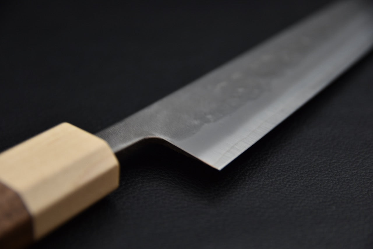 Manche wa octogonal en noyer du sujihiki Hitohira TD 240 mm, virole en bois clair, couteau japonais