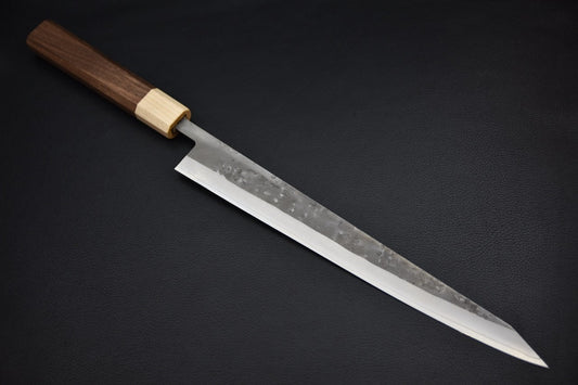 Hitohira TD sujihiki 270 mm — vue d'ensemble, manche en noyer et lame tsuchime