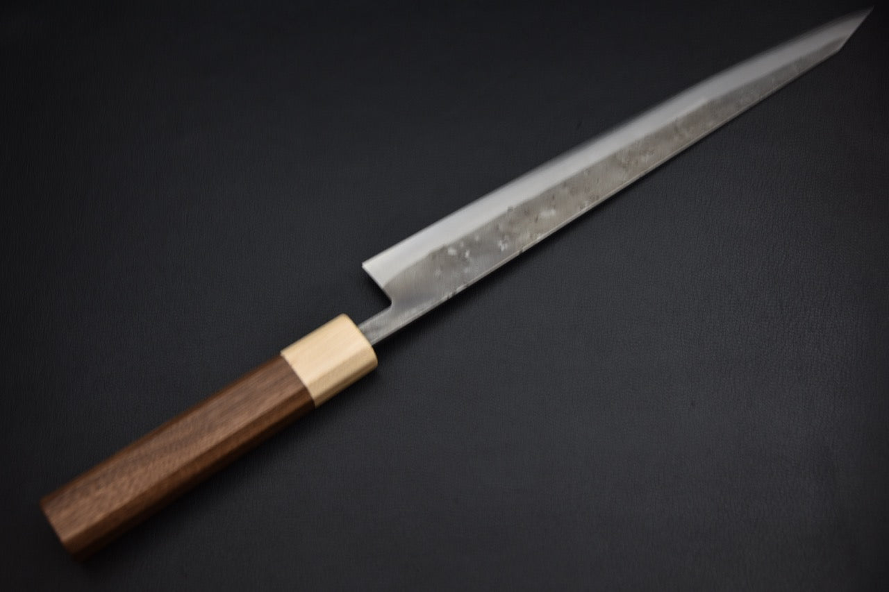 Hitohira TD sujihiki 270 mm — vue d'ensemble côté gauche, manche en noyer et virole en érable