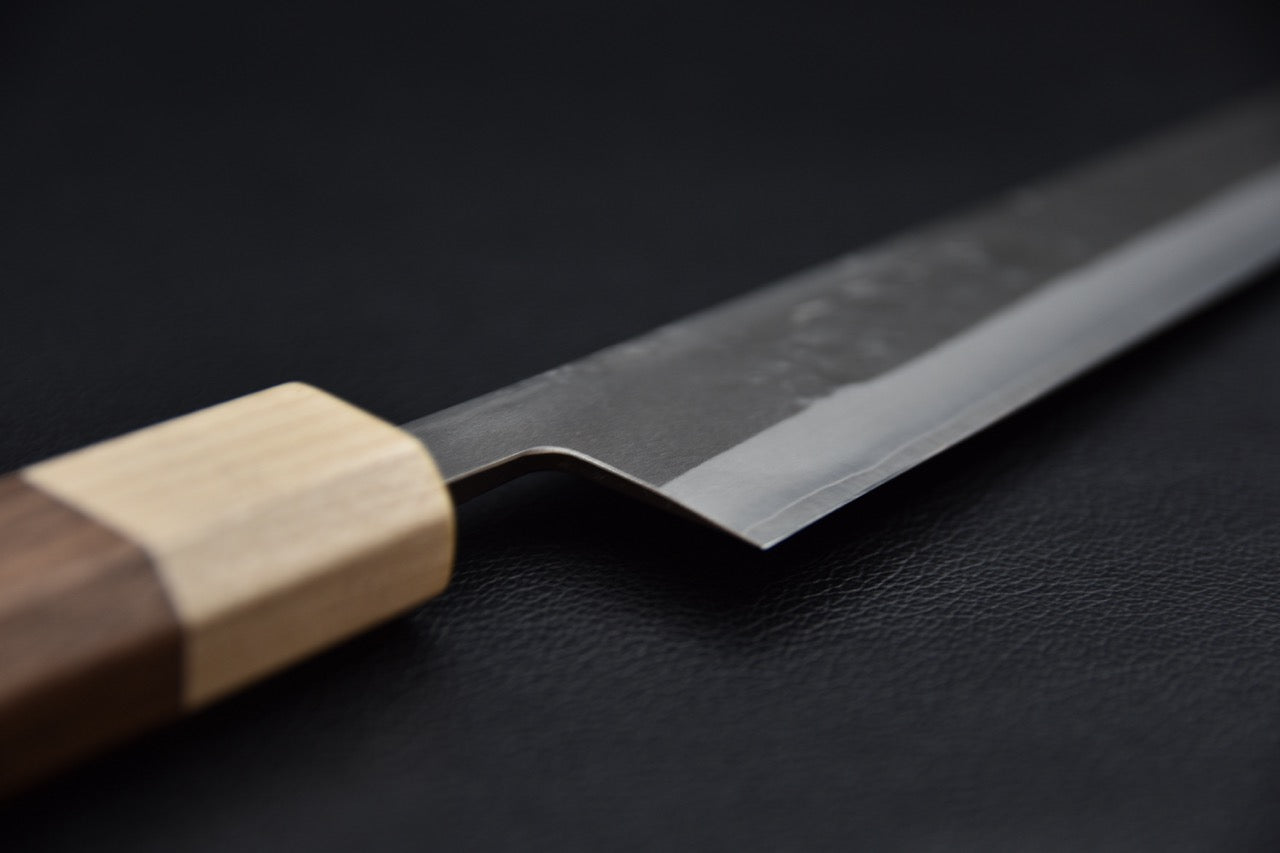 Hitohira TD sujihiki 270 mm — détail du manche wa en noyer et virole en érable