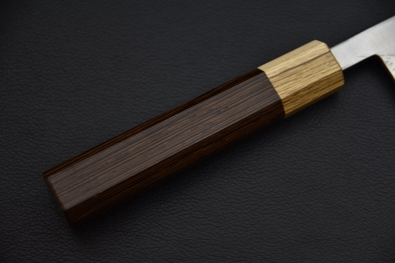 Couteau japonais bunka — manche wa octogonal en tagayasan avec virole en bois clair, vue latérale