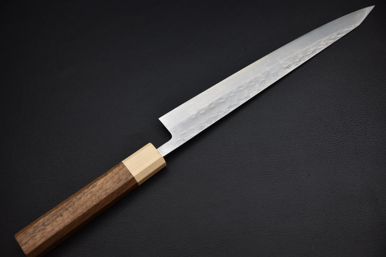 Hitohira TD sujihiki 240 mm — vue d'ensemble côté virole et talon de lame