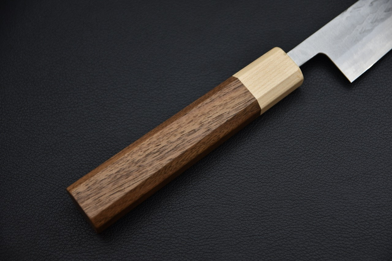 Hitohira TD sujihiki 240 mm — détail du manche en noyer octogonal et virole en érable
