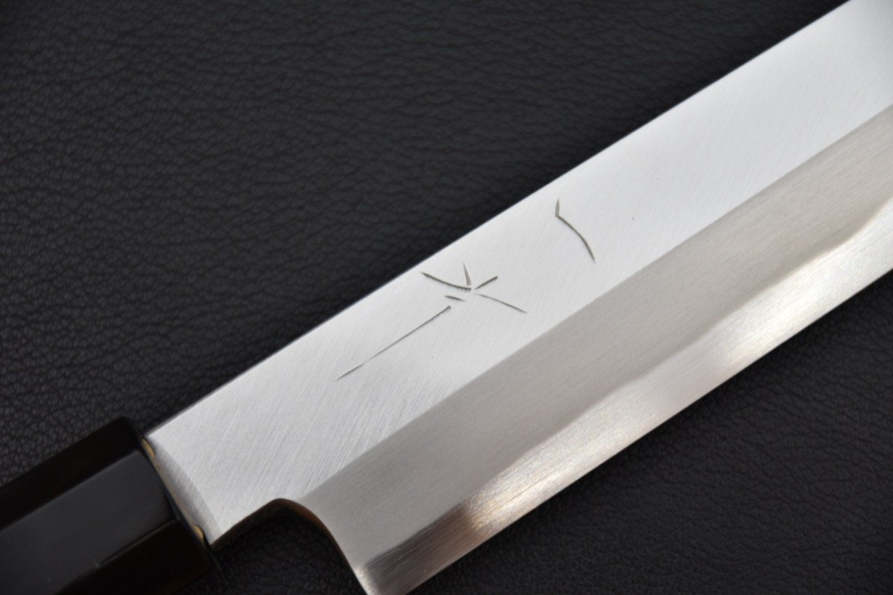 Couteau Yanagiba en acier Aogami 2 avec gravure sur lame et manche en bois de Ho