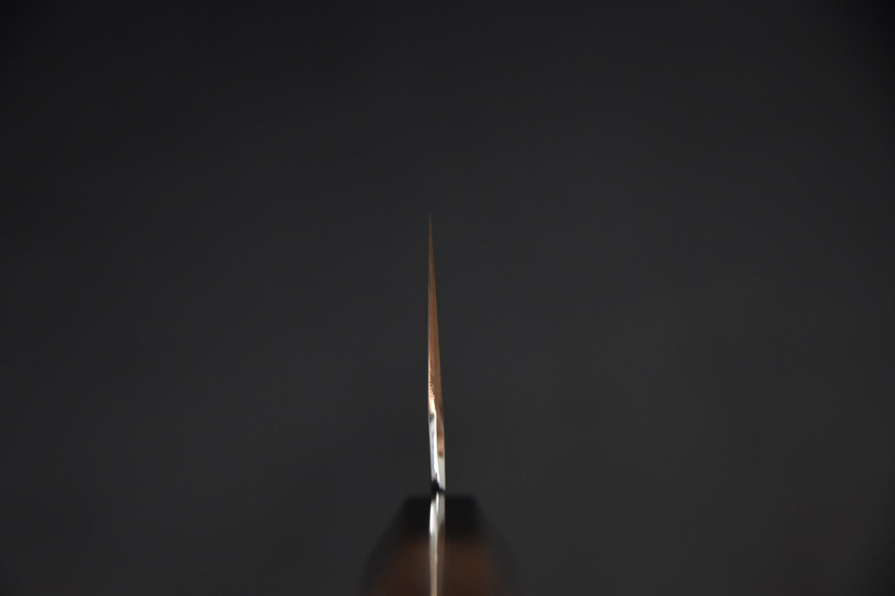 Hitohira Togashi gyuto 240 mm — vue d'ensemble sur fond neutre, couteau japonais artisanal Sakai