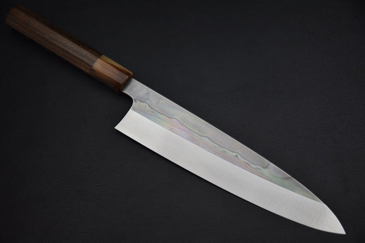 Couteau japonais gyuto 240 mm, vue complète de la lame et du manche en ébène
