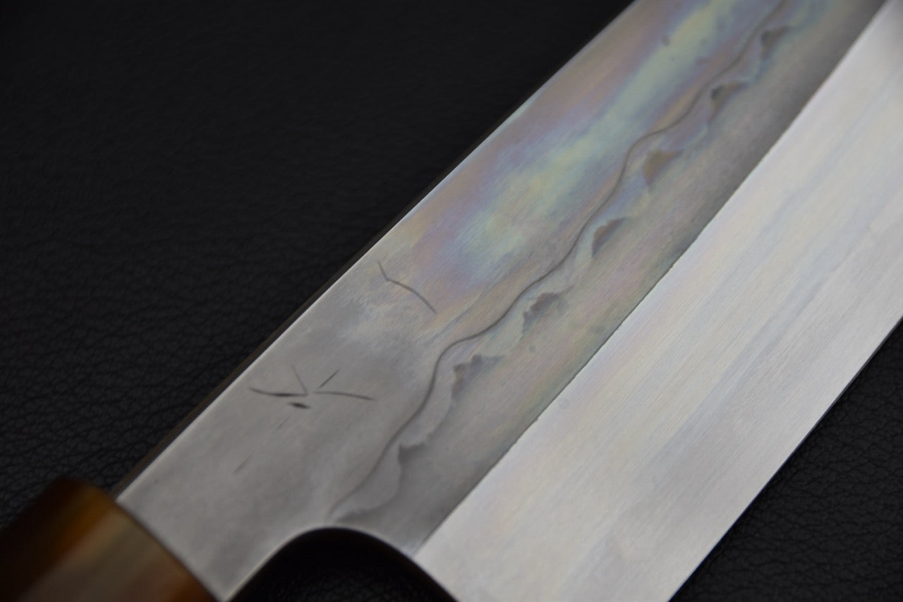 Hitohira Togashi santoku 180 mm — vue du talon et de la jonction lame-manche