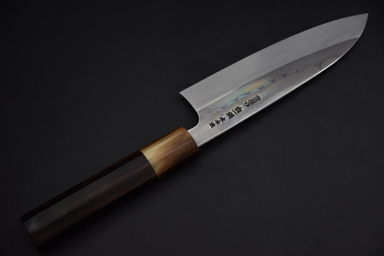 Hitohira Togashi santoku 180 mm — détail de la virole et du manche en ébène