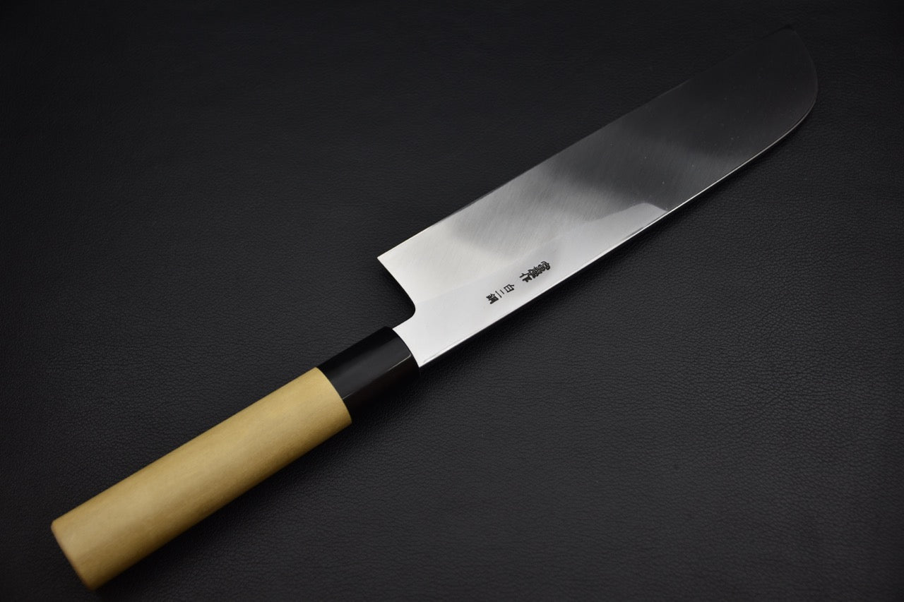 Hitohira Togashi kamagata usuba — vue du revers, kanji gravés, couteau japonais professionnel
