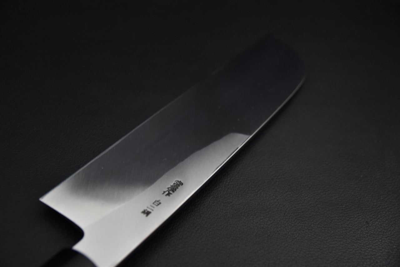 Hitohira Togashi kamagata usuba — détail des kanji côté revers, couteau japonais Sakai