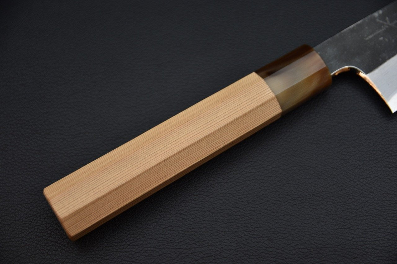 hitohira-togashi-shirogami-2-kurouchi-kiritsuke-gyuto-210mm-yakusugi_6.jpeg,Hitohira Togashi Shirogami #2 Kurouchi Kiritsuke Gyuto 210mm Yakusugi - vue 6
