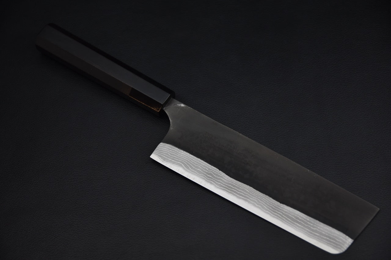 Nakiri couteau japonais en Aogami #2, finition kurouchi — vue complète du couteau