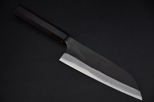 Santoku couteau japonais en Aogami #2, finition kurouchi — vue complète
