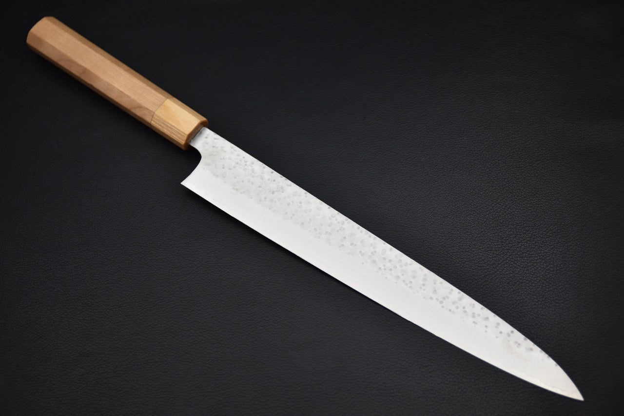 Sujihiki 270 mm SG2 sanmai — vue d'ensemble, manche wa en cerisier octogonal