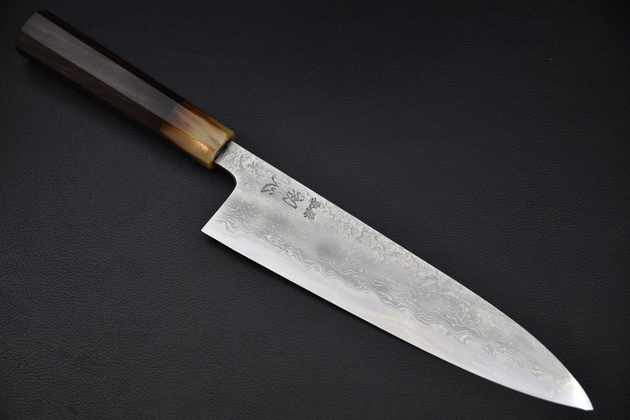 Couteau Gyuto 210mm en acier Damascus Aogami 1 avec manche en ébène signé Masuda Yoshihide