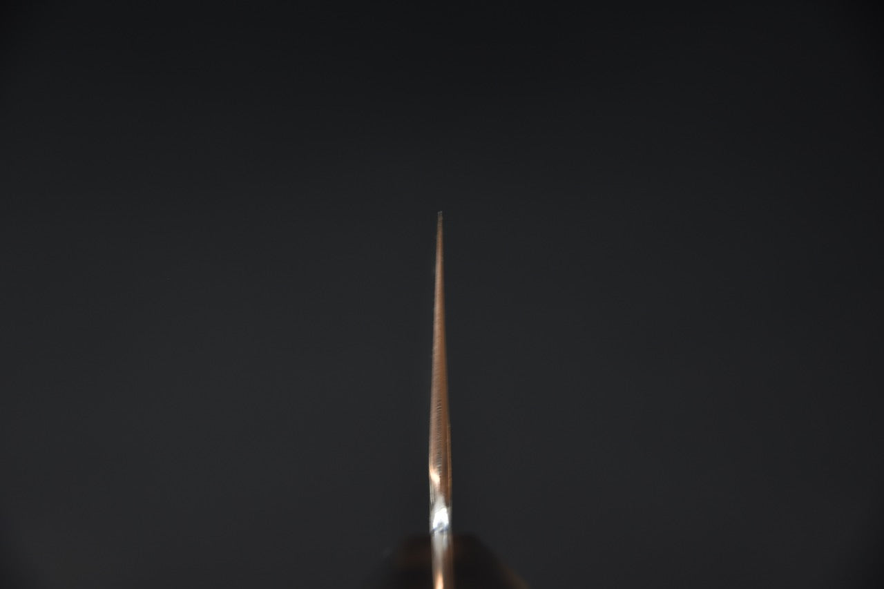 Couteau japonais Gyuto, vue du talon avec lame damassé et manche en ébène par Masuda