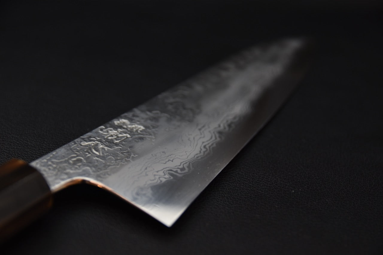 Couteau japonais Gyuto 240 mm en acier Damascus avec manche en ébène par Masuda Yoshihide