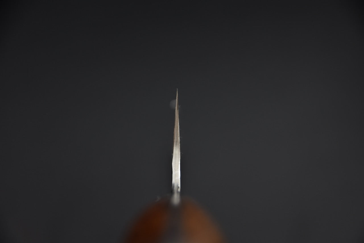 Couteau japonais gyuto 210 mm — vue de la pointe depuis le tranchant, profil fin