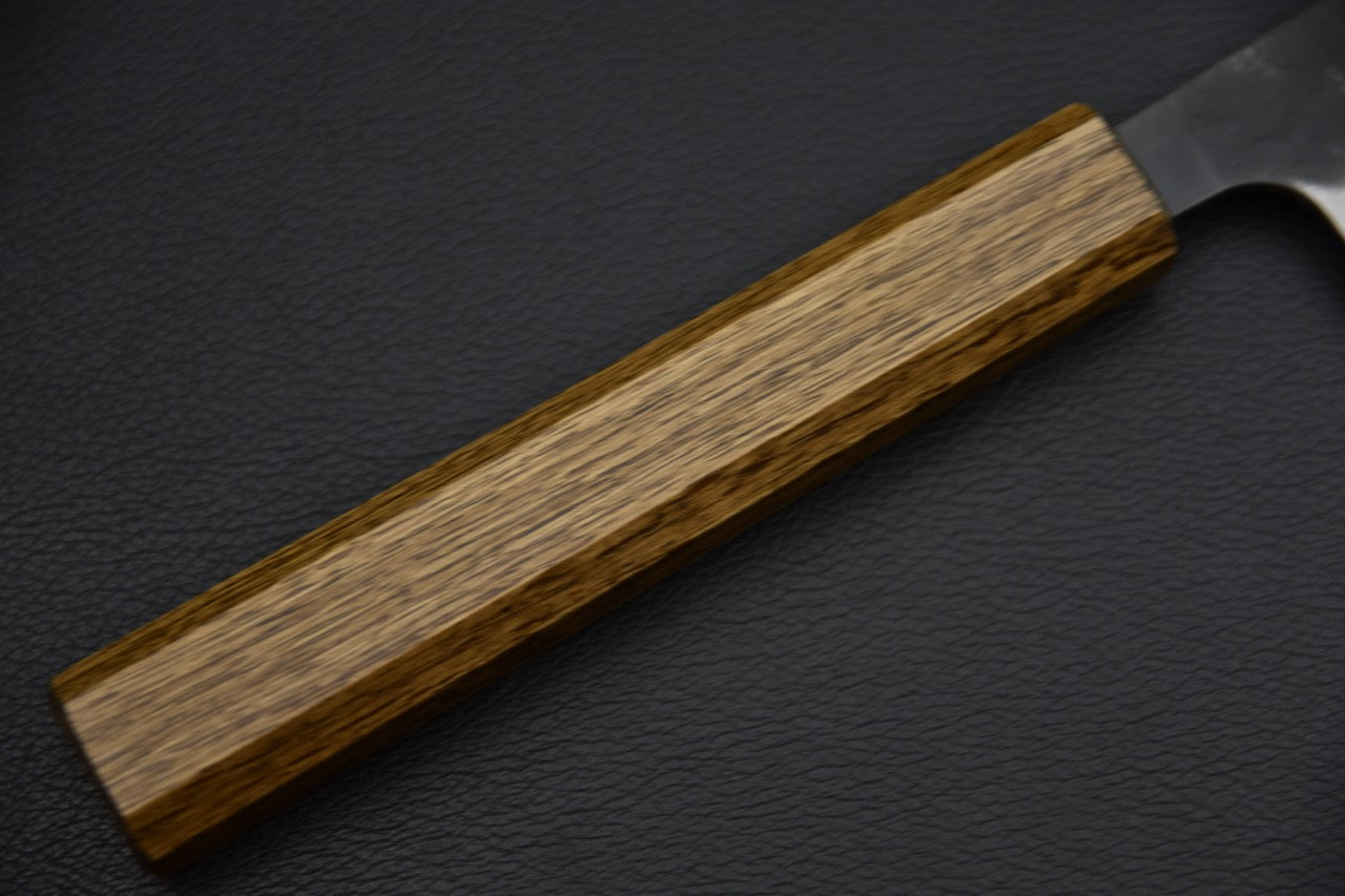 Couteau japonais sujihiki 270 mm — détail du manche wa octogonal en bois brun doré à grain ouvert