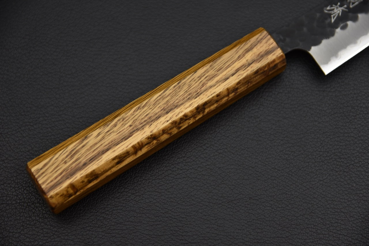 Couteau japonais petty 135 mm — manche wa octogonal en bois à veines contrastées, vue de dessus