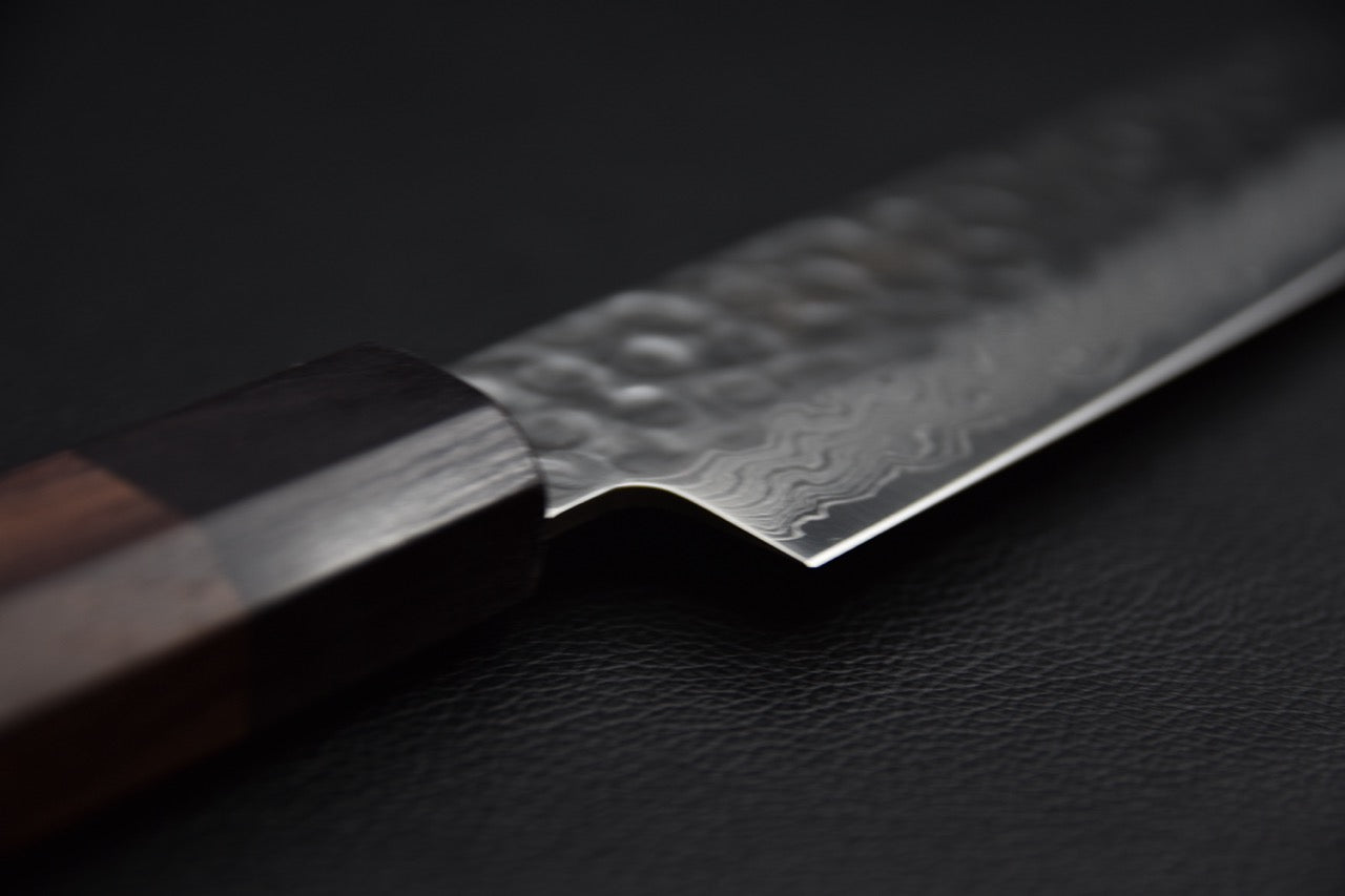 Sujihiki japonais 240 mm — jonction lame-manche, détail de la bague et du talon